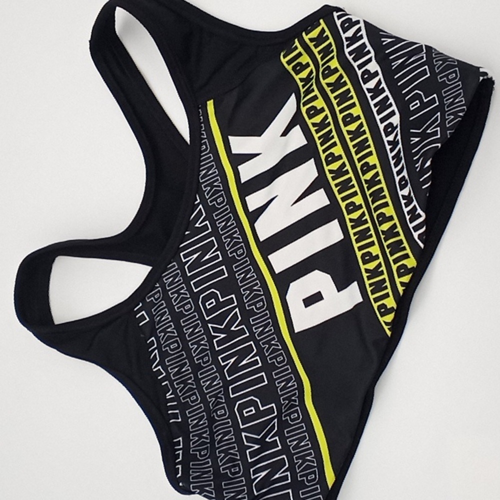PINK Victoria's Secret Ultimate Unlined Logo Print Sports Bra Black Yellow S